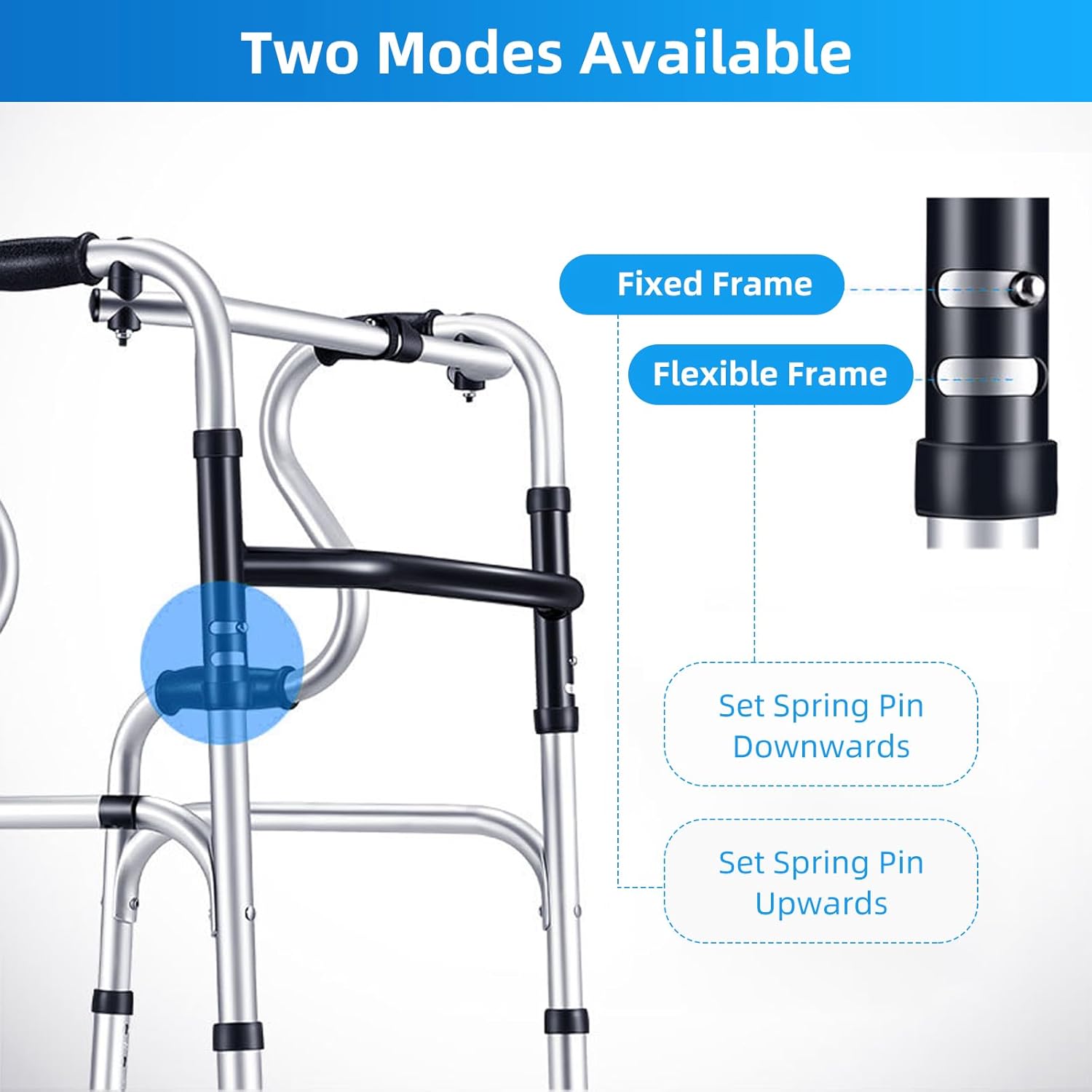 7-Height Adjustable Aluminum Foldable Walker with 2 Wheels, Stepped Handrail Assisted Getting Up Walker, Fixed & Flexible Modes