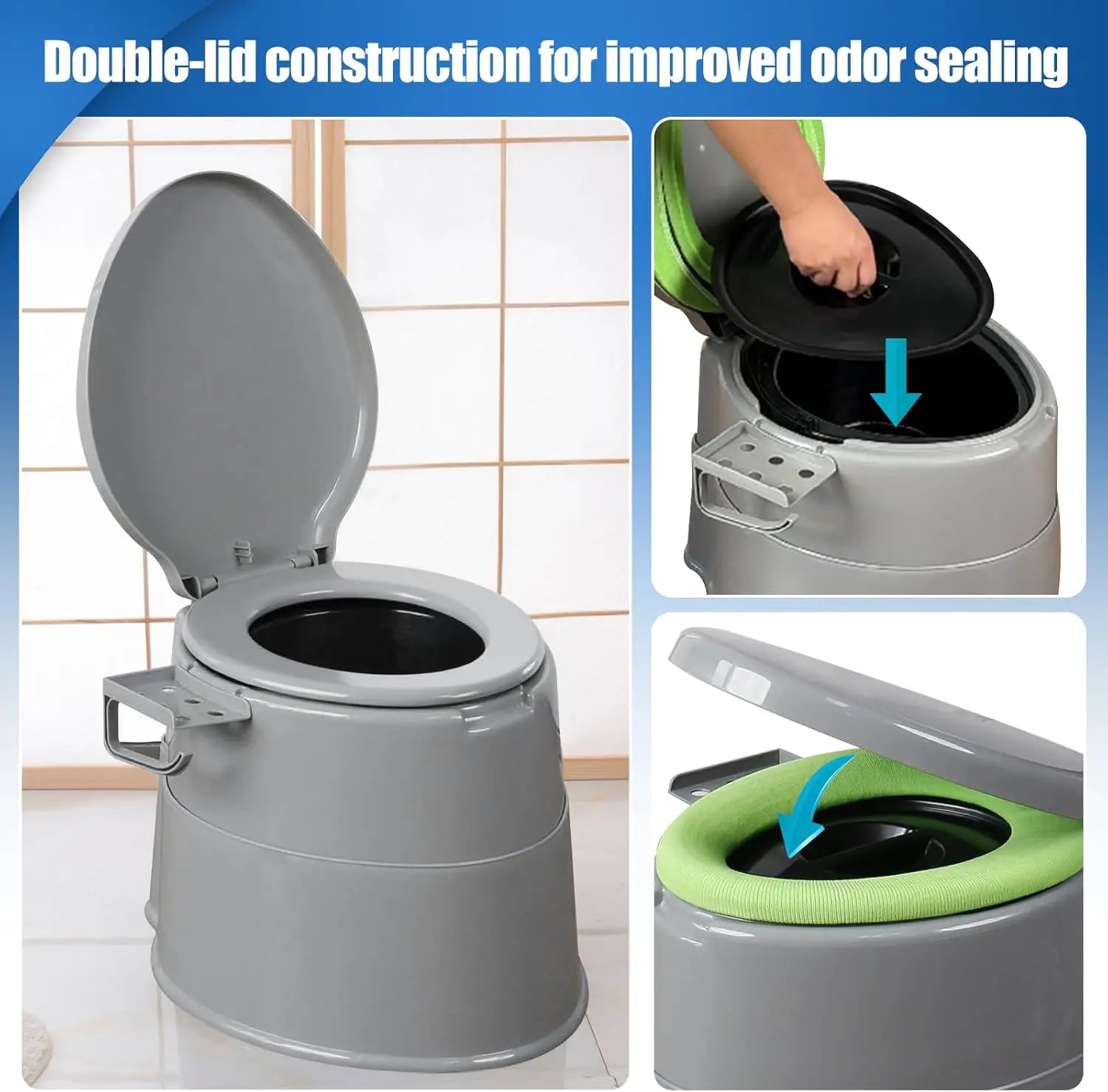 Portable toilet with double-lid construction for odor sealing, shown in use.
