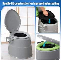 Portable toilet with double-lid construction for odor sealing, shown in use.