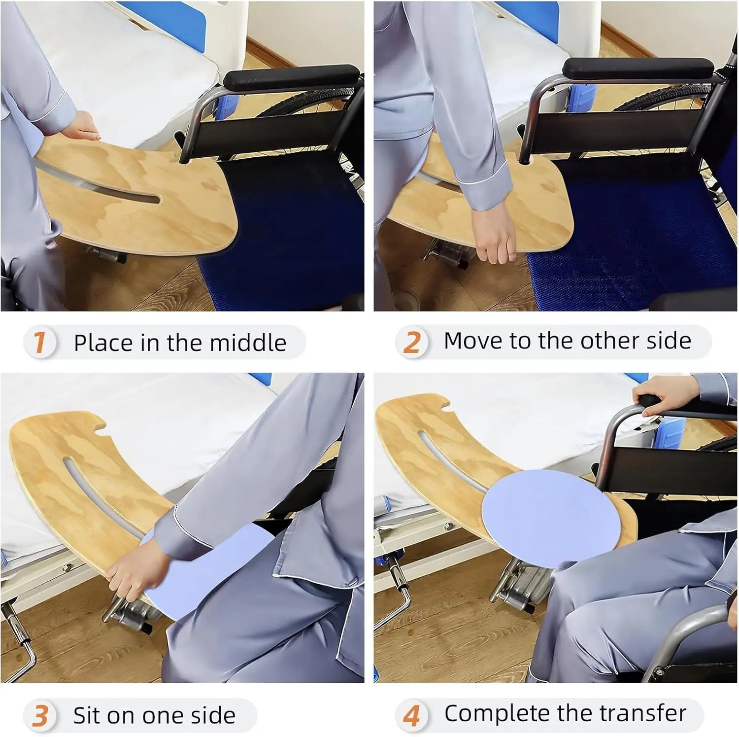 Step-by-step guide on using a transfer board for patient care.