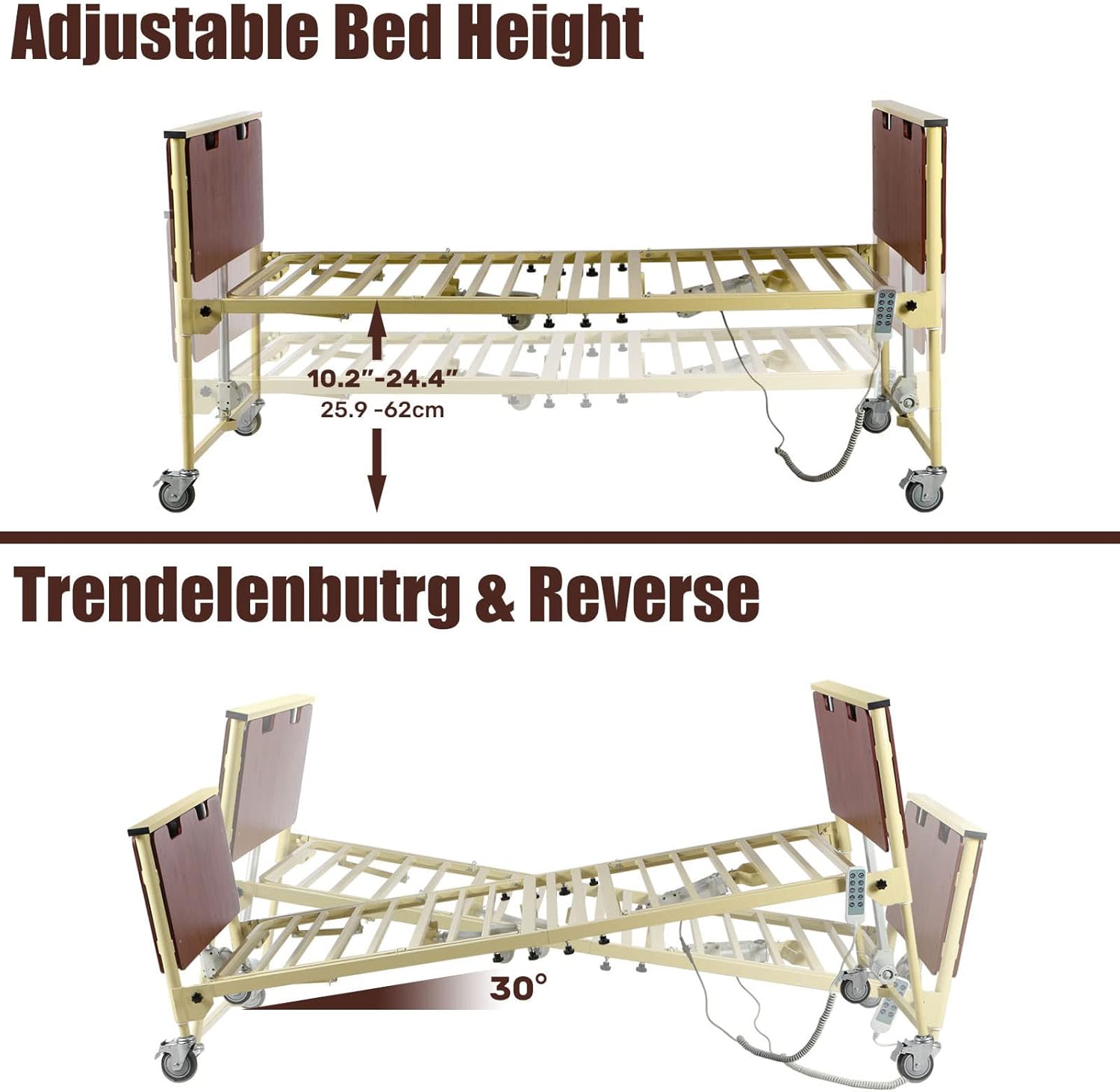 5 Function Electric Hospital Bed, Hi Low 10"-24.5" Height, 600 LBS Capacity Medical Bed with Wooden Headboard, Adjustable Hospital Beds for Home Use, 80" L x 36" W (Without Mattress)