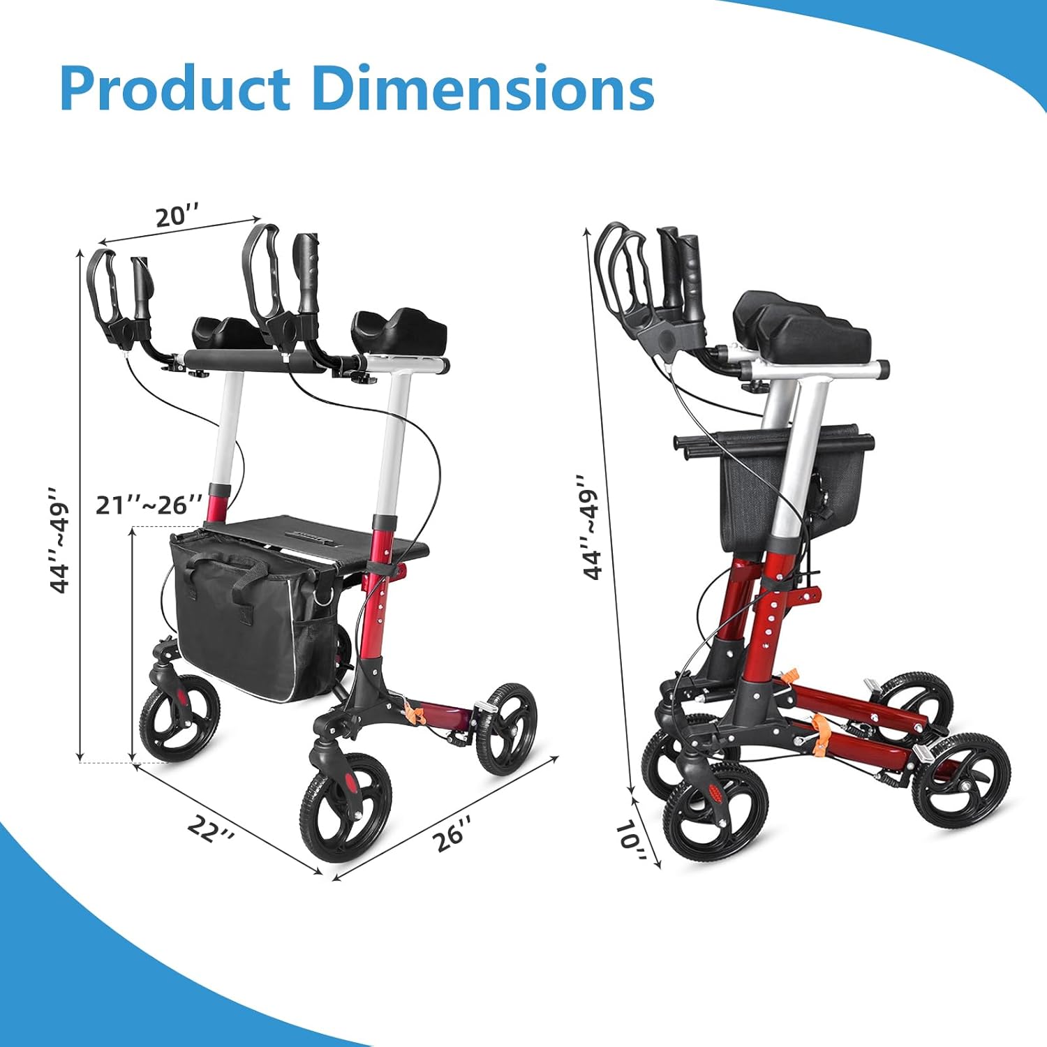 Upright Walkers for Seniors with Seat and Armrest - Outdoor Walkers for Seniors All Terrain, Foldable Rolling Walker with Seat and Brakes, 6 Height Adjustable, Detachable Bag, Red