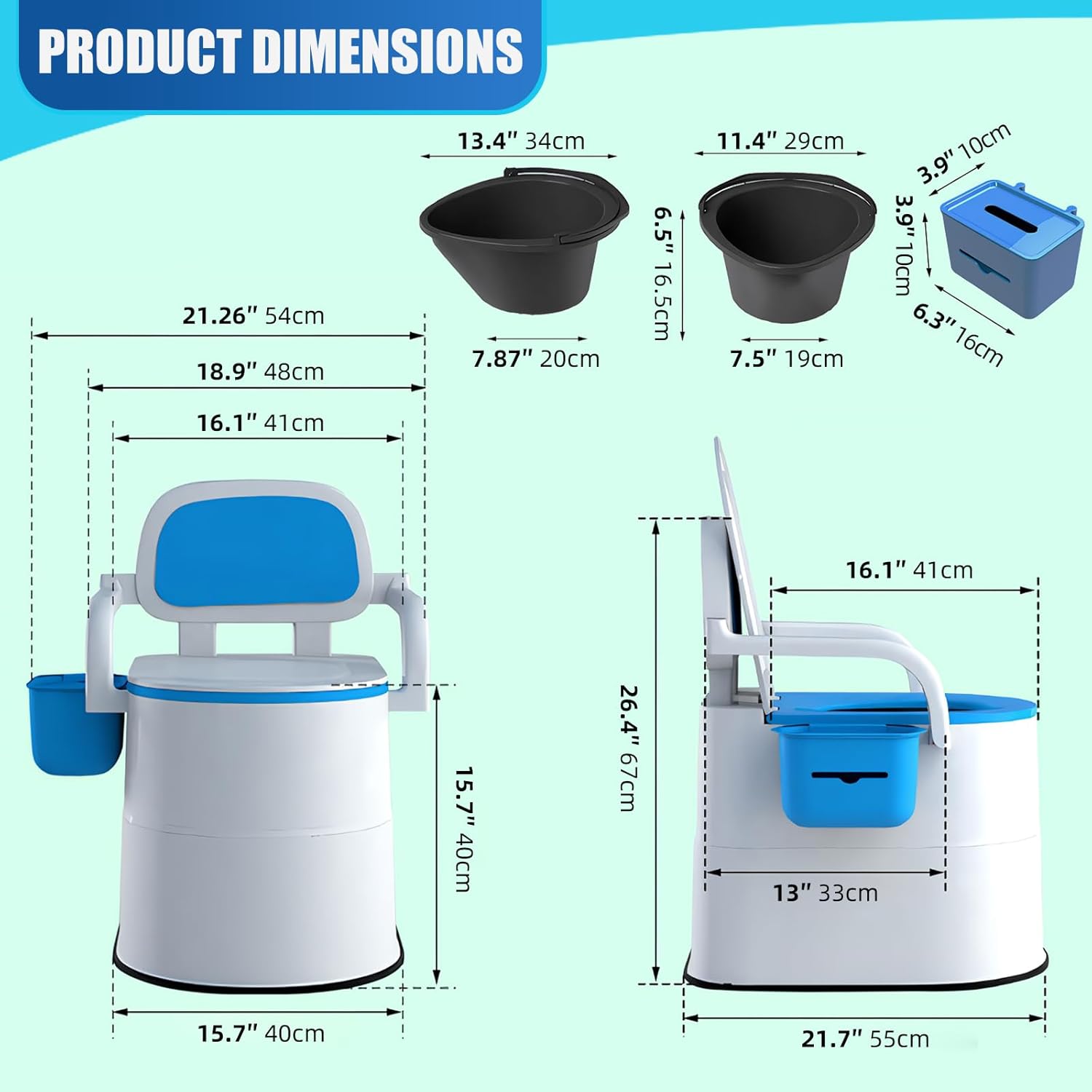 Bedside Commode Toilet, Portable Toilet with Full-Surround Anti-Slip, Armrests, Double Layer Odor Sealed, Blue