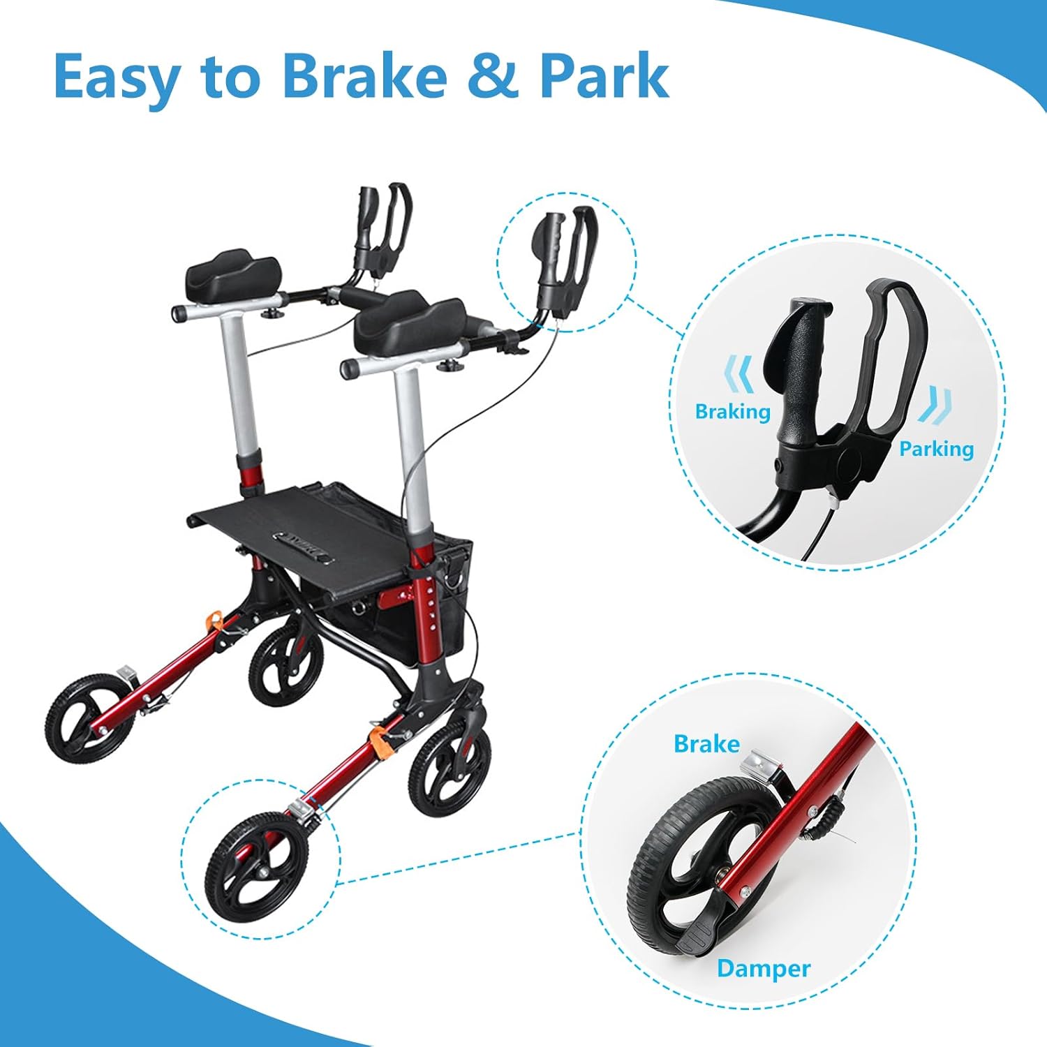 Upright Walkers for Seniors with Seat and Armrest - Outdoor Walkers for Seniors All Terrain, Foldable Rolling Walker with Seat and Brakes, 6 Height Adjustable, Detachable Bag, Red