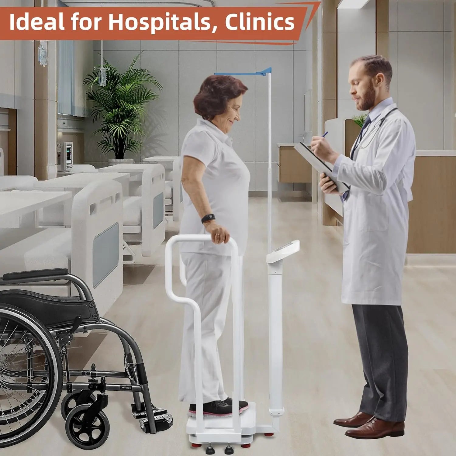 Doctor and patient using a height measurement device in a hospital setting