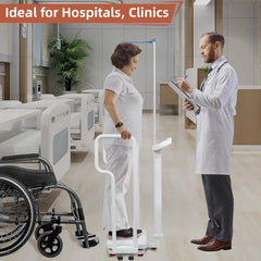 Doctor and patient using a height measurement device in a hospital setting