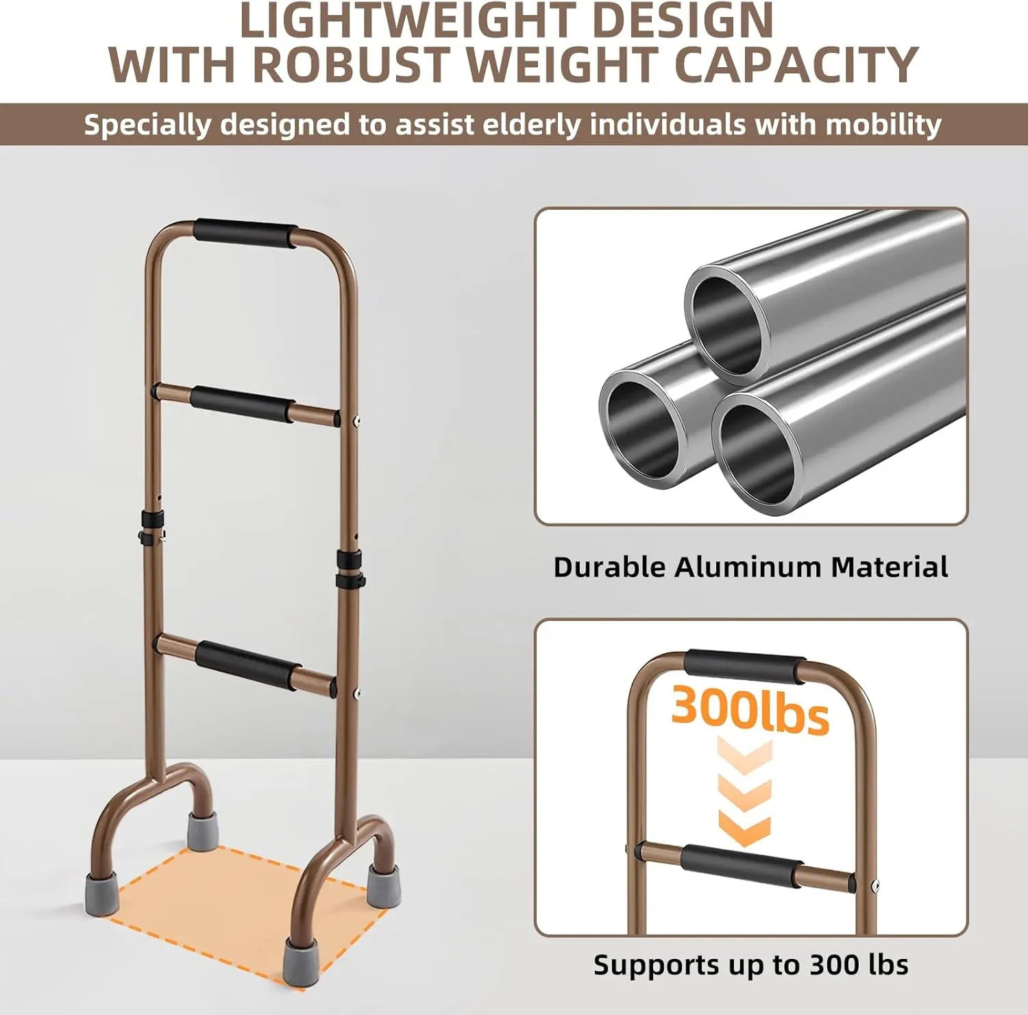 stand assist with durable aluminum material, supporting up to 300 lbs, on a gray background.