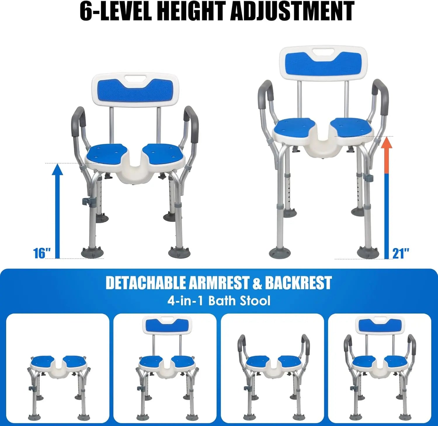 4-in-1 bath stool with height adjustment features and detachable armrest and backrest.