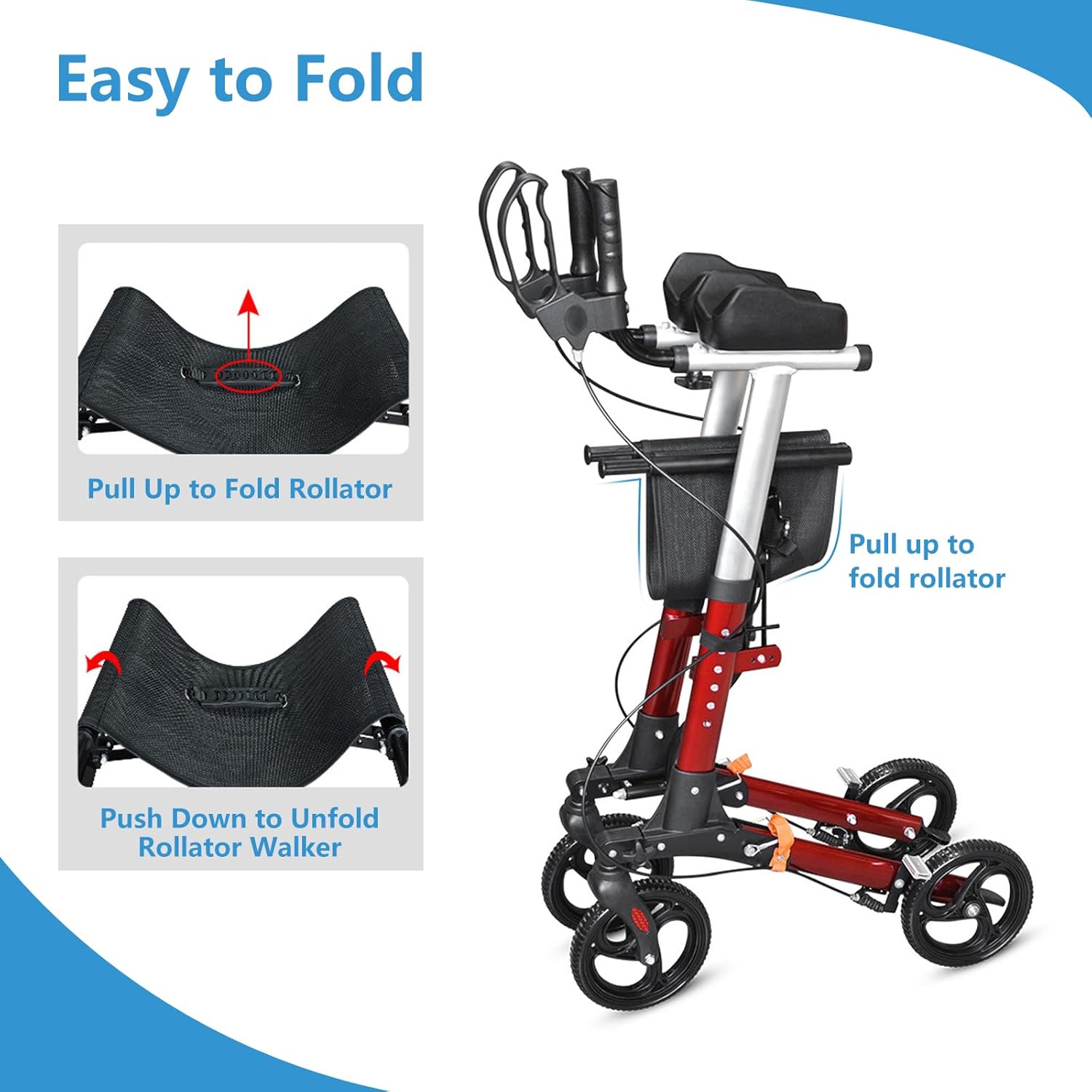 Upright Walkers for Seniors with Seat and Armrest - Outdoor Walkers for Seniors All Terrain, Foldable Rolling Walker with Seat and Brakes, 6 Height Adjustable, Detachable Bag, Red