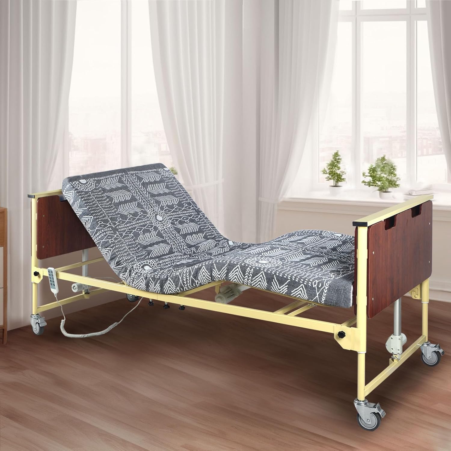 5 Function Electric Hospital Bed, Hi Low 10"-24.5" Height, 600 LBS Capacity Medical Bed with Wooden Headboard, Adjustable Hospital Beds for Home Use, 80" L x 36" W (Without Mattress)