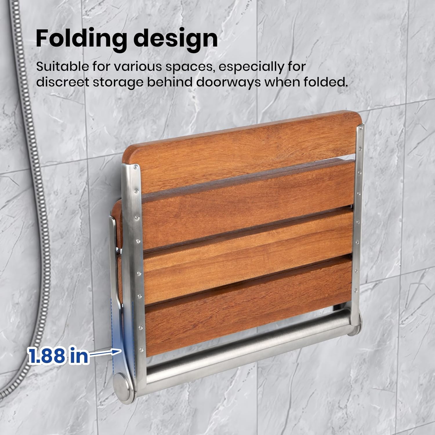 Folding Wall Mounted Teak Shower Seat, 16x13 inches, Support 440lbs