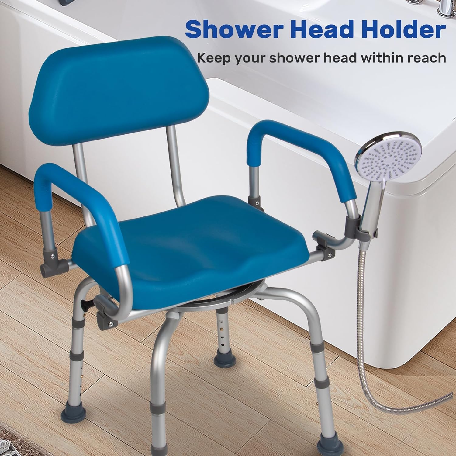 360° Swivel Shower Chair with Padded Seat, Pivoting Arms & Non-Slip Base -Rotating Bath Tub Chair for Elderly, Disabled & Mobility Impaired