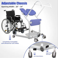 Wheelchair lift with adjustable chassis and compatibility with wheelchairs and toilets.