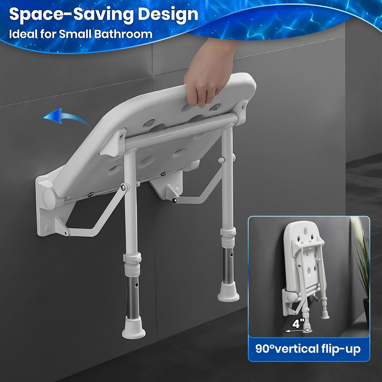 Folding Wall Mounted Shower Seat, Support 550lbs, Adjustable Height Folding Shower Bench