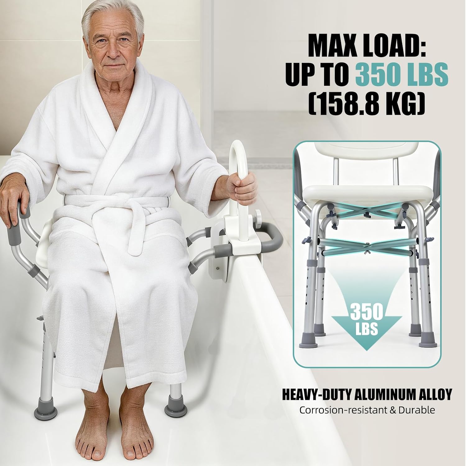 Aluminum shower chair with bathtub clamp and non-slip rubber feet
