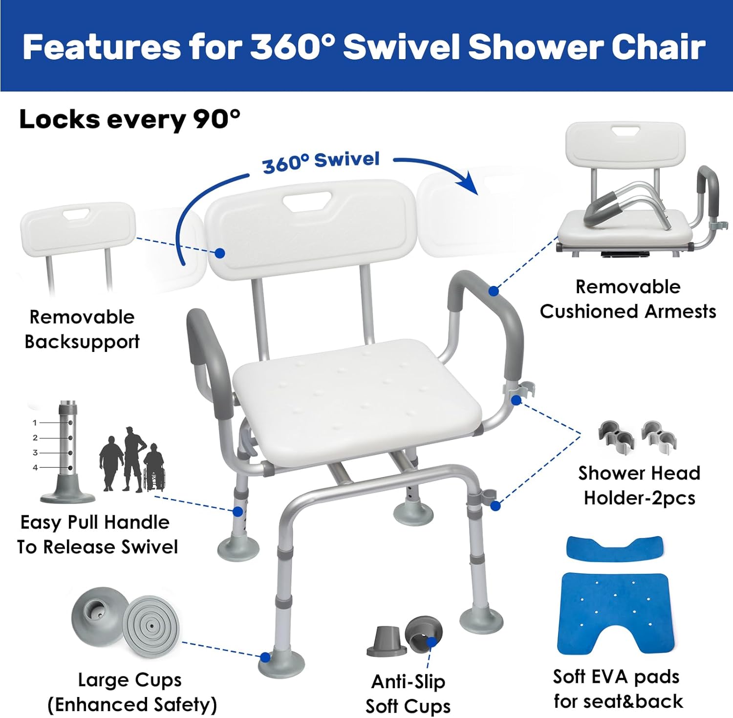 360° Swivel Rotating Shower Chair with Arms and Back & Wall Mounted Shower Chair