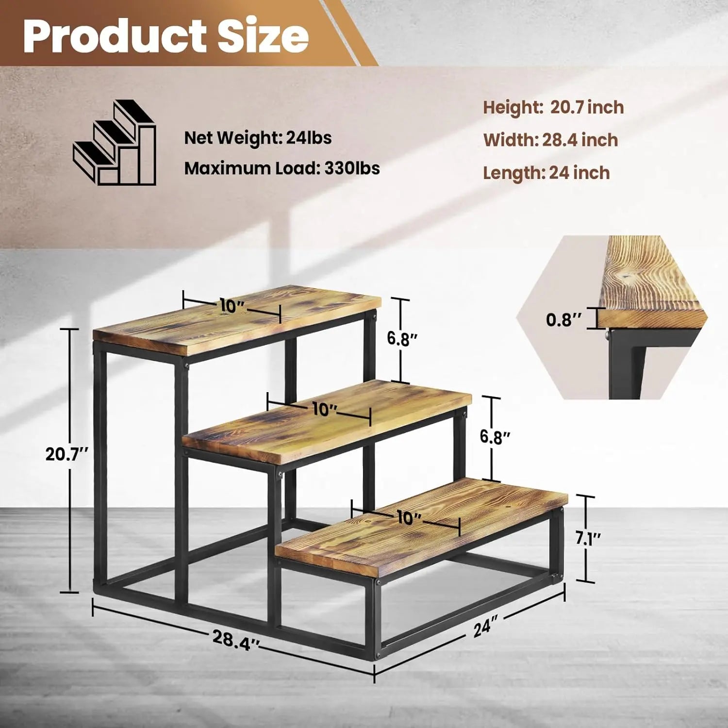 Wooden step stool with dimensions and product details on a neutral background