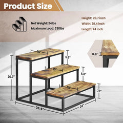 Wooden step stool with dimensions and product details on a neutral background