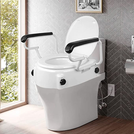 5.5" Height Adjustable Raised Toilet Seat with Handles for Elderly with PU Leather Handles