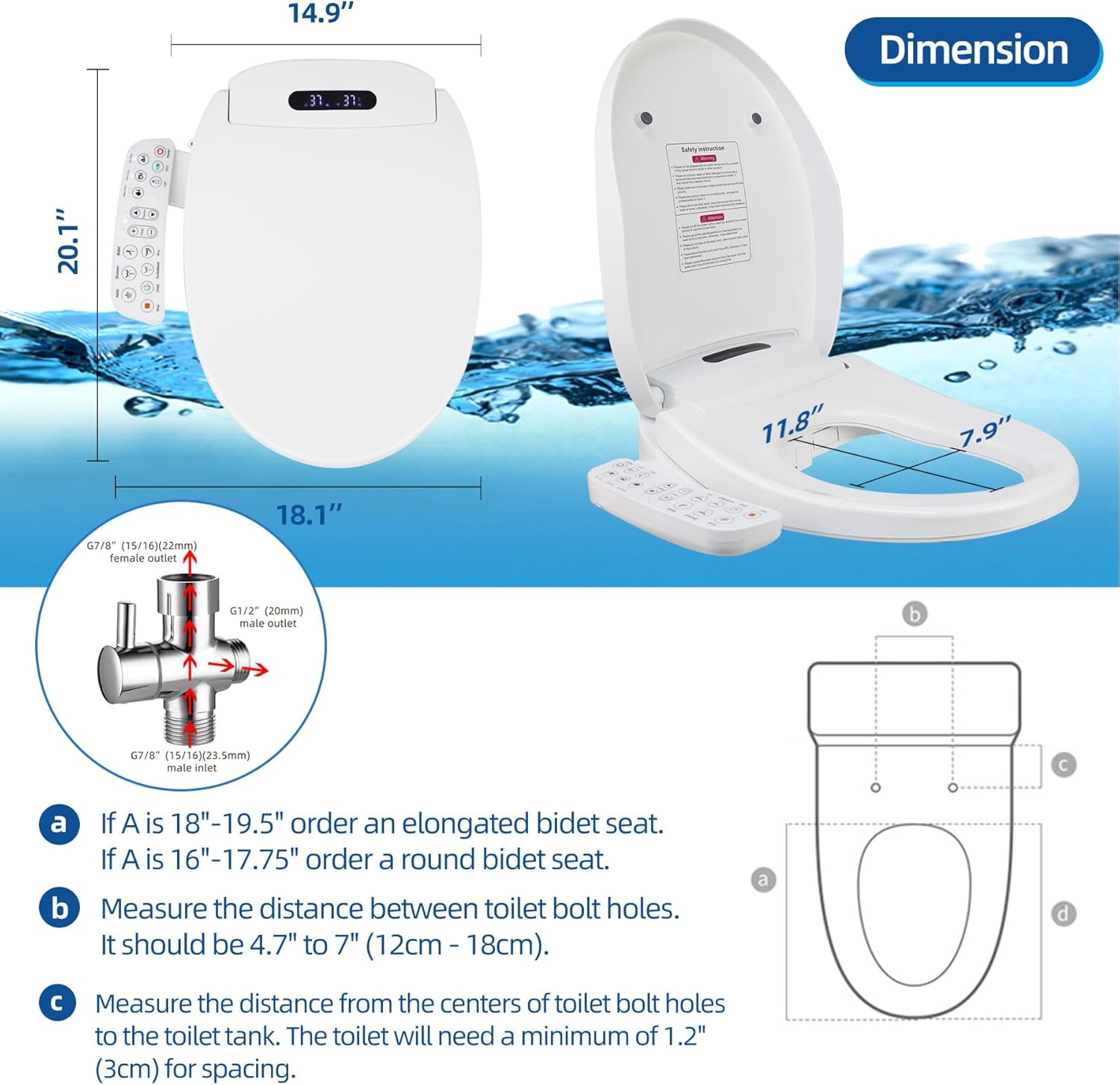 Bidet Toilet Seat Elongated - Electronic Heated Bidet Toilet Seat with Dryer and Warm Water, Temperature Controlled Wash, Smart Touch Panel, Nightlight, Elongated Toilet Seat Slow Close