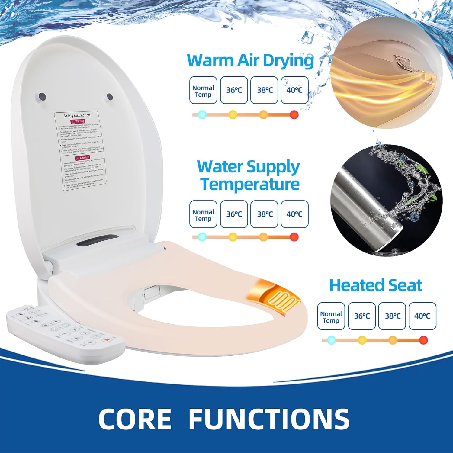 Bidet Toilet Seat Elongated - Electronic Heated Bidet Toilet Seat with Dryer and Warm Water, Temperature Controlled Wash, Smart Touch Panel, Nightlight, Elongated Toilet Seat Slow Close