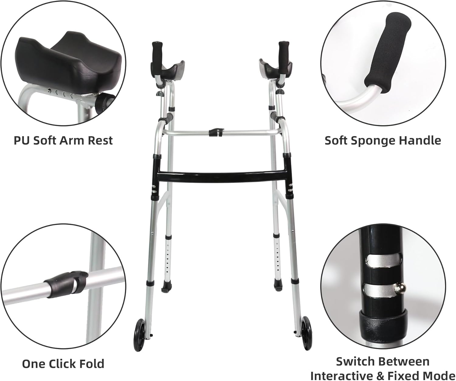 Foldable Stand Up Walker with Armrest Pad Support - 7-Height Adjustable Platform Aluminum Standard Walkers, Handicap