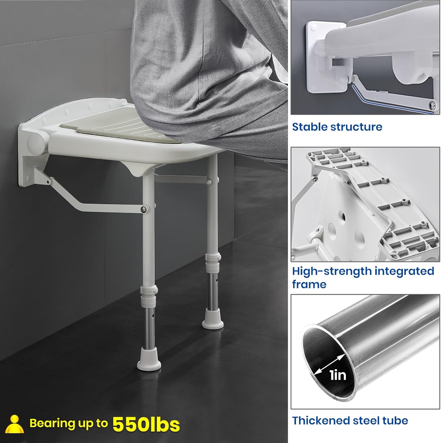 Folding Wall Mounted Shower Seat, Support 550lbs, Adjustable Height Folding Shower Bench