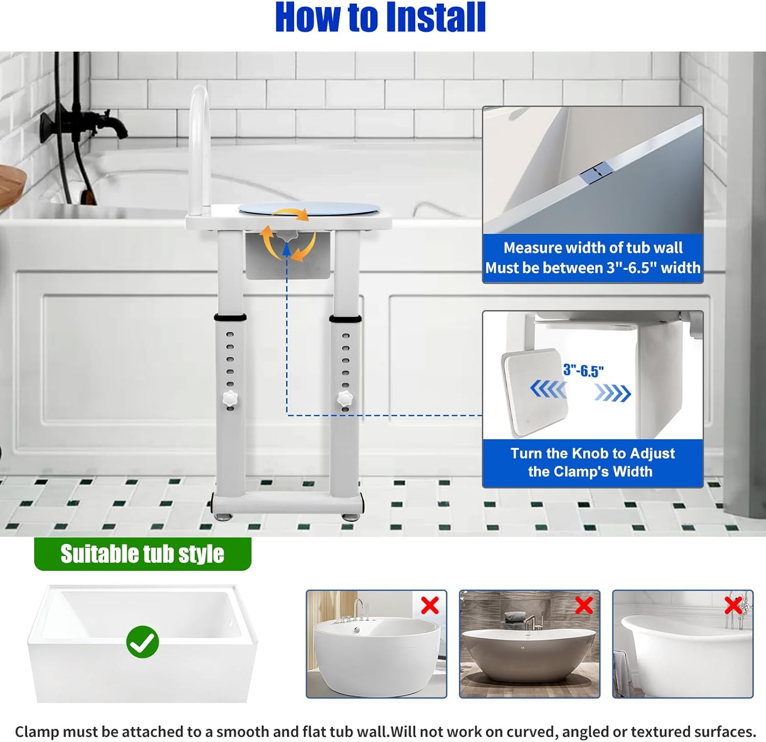 Shower Transfer Bench for Bathtub, Heavy Duty Shower Chair with Handrail for Elderly, Sturdy and Stable, 360° Rotating Shower Chair for Inside Shower