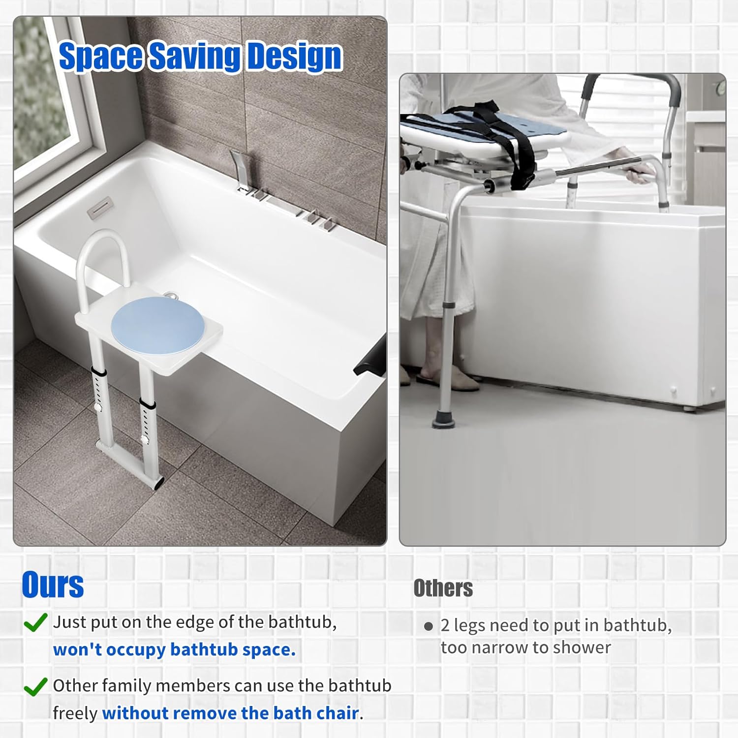 Shower Transfer Bench for Bathtub, Heavy Duty Shower Chair with Handrail for Elderly, Sturdy and Stable, 360° Rotating Shower Chair for Inside Shower