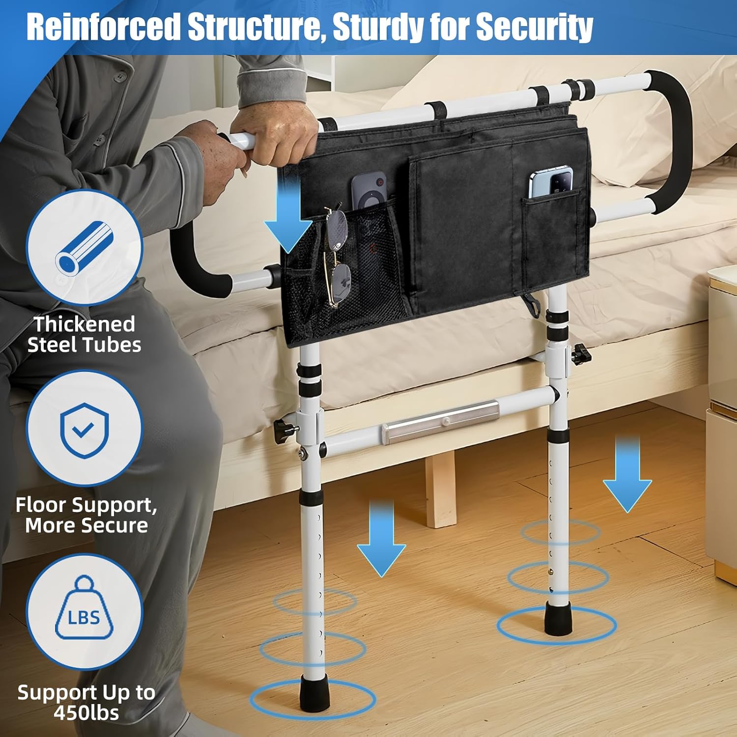 Bed Rails for Elderly with Sensor Light, Adjustable Height & Extendable Bed Assist Bar,Foldable Bed Rails with Large Storage Pocket for Seniors,450LBS Capacity Heavy Duty Adult Bed Rail Bed Cane