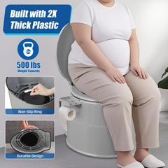 Person sitting on a portable toilet with features highlighted on a white background