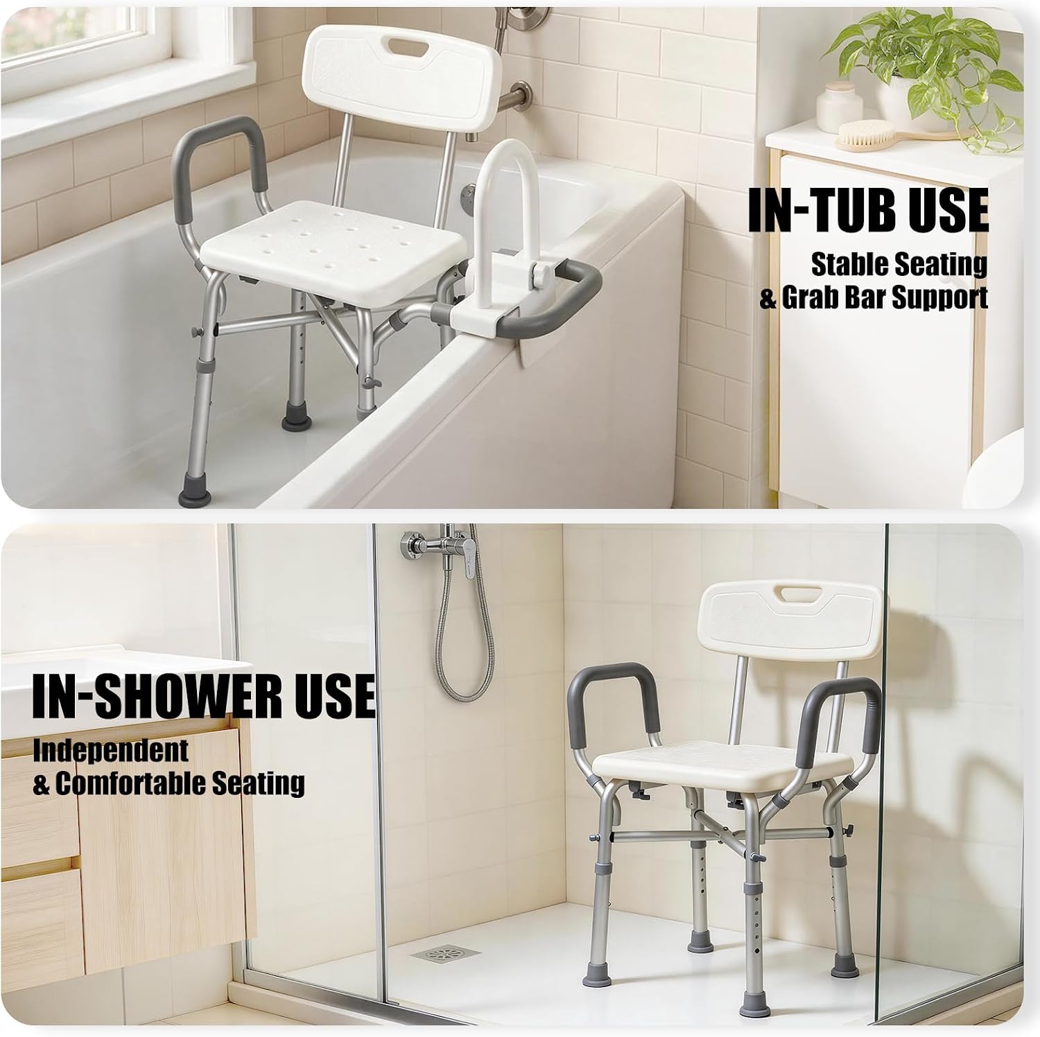 In-tub shower chair shown in a bathtub and shower with stable seating