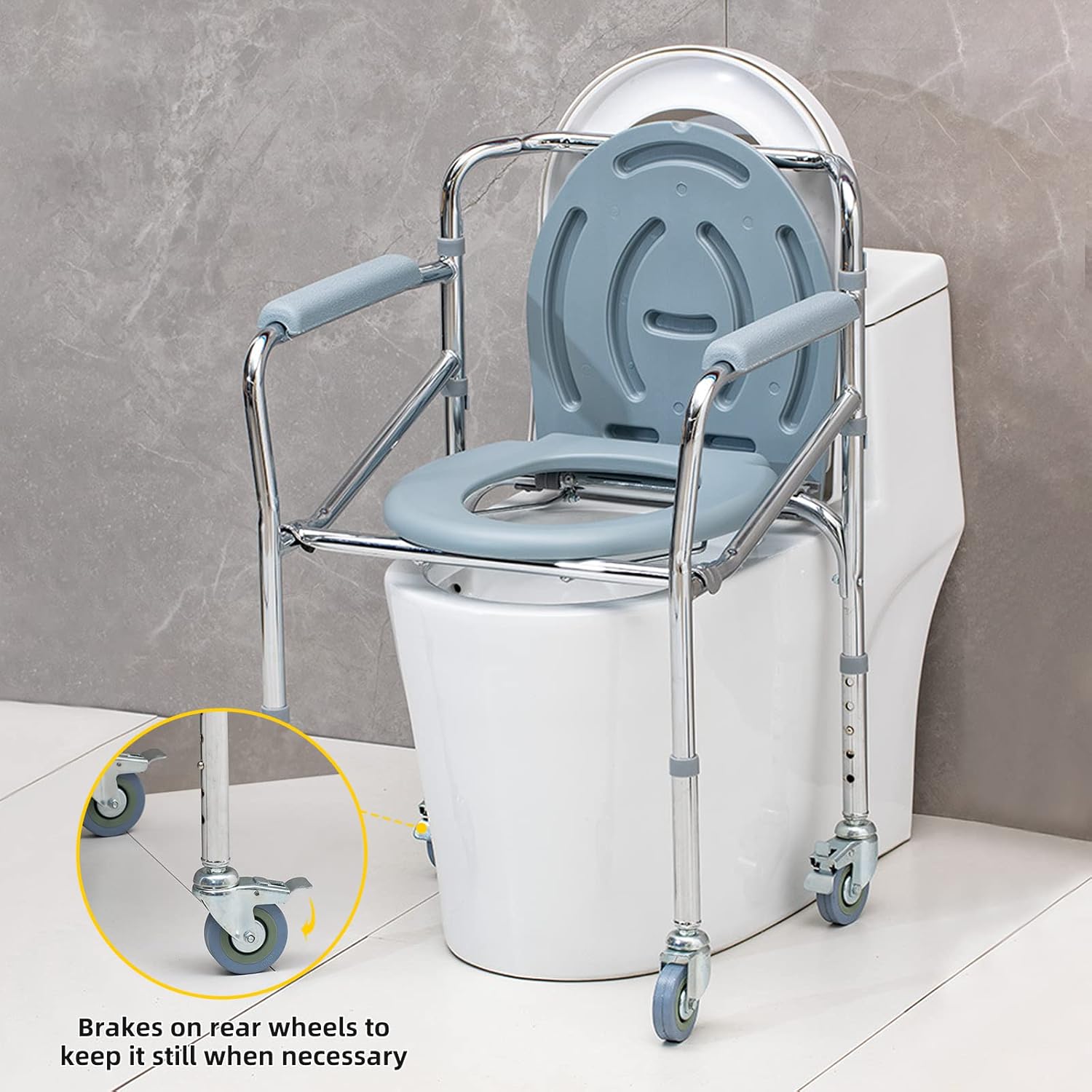 Bedside Portable Commode Chair with Wheels, Heavy Duty Steel Frame Portable Toilets with Adjustable Height