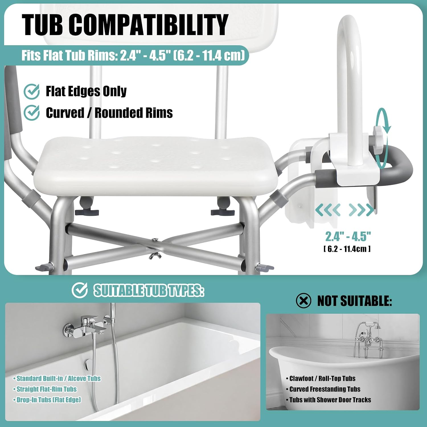 Shower chair fits flat bathtub rims from 2.4 to 4.5 inches wide