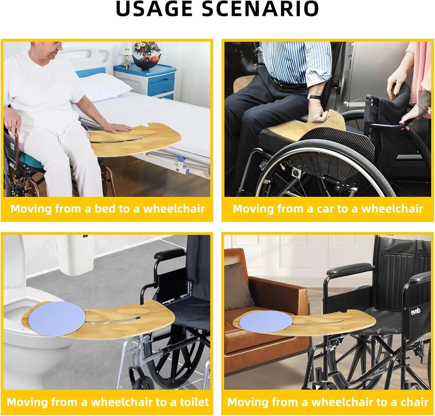 Usage scenario of a transfer board for wheelchair users moving between various locations.