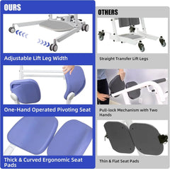 Comparison of adjustable lift leg width, one-hand operated pivoting seat, thick curved ergonomic seat pads, and straight transfer lift legs with pull-lock mechanism.