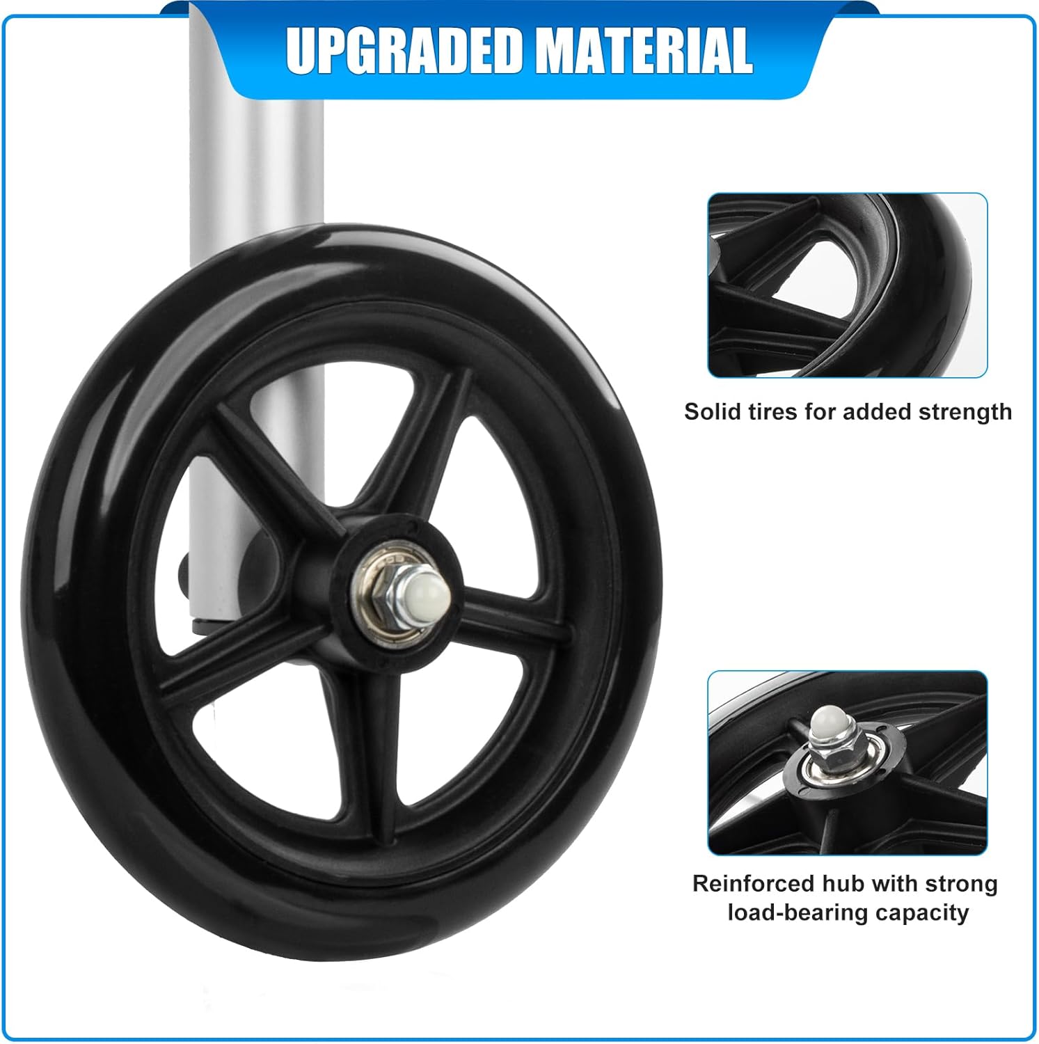 2 Pack Universal 6 Inches Replacement Walker Wheels Kit wih Bearings, All Terrain Wheels for Walkers, Wear-Resistant PU Tires, Anti-Slip, and Durable ABS Wheel Hub, Black