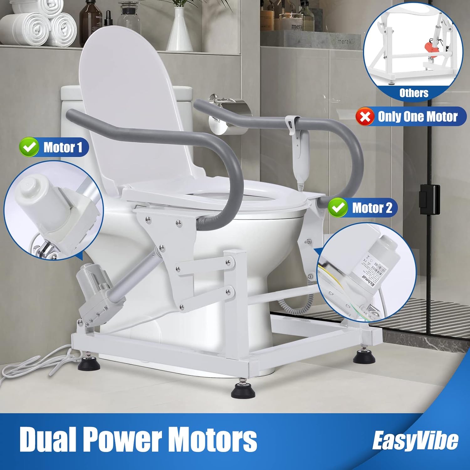 Lift Toilet Seat with Padded Arms, Dual Motors Electric Sit to Stand Lift, Toilet Seat Lift Supports Up to 440lbs