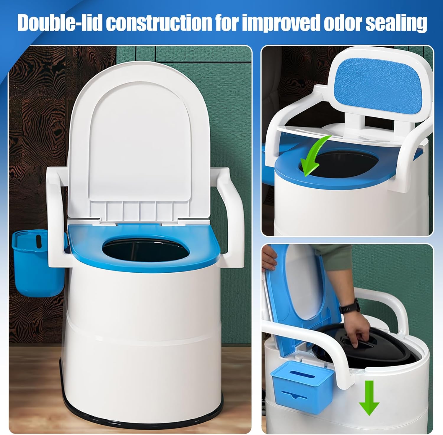 Bedside Commode Toilet, Portable Toilet with Full-Surround Anti-Slip, Armrests, Double Layer Odor Sealed, Blue