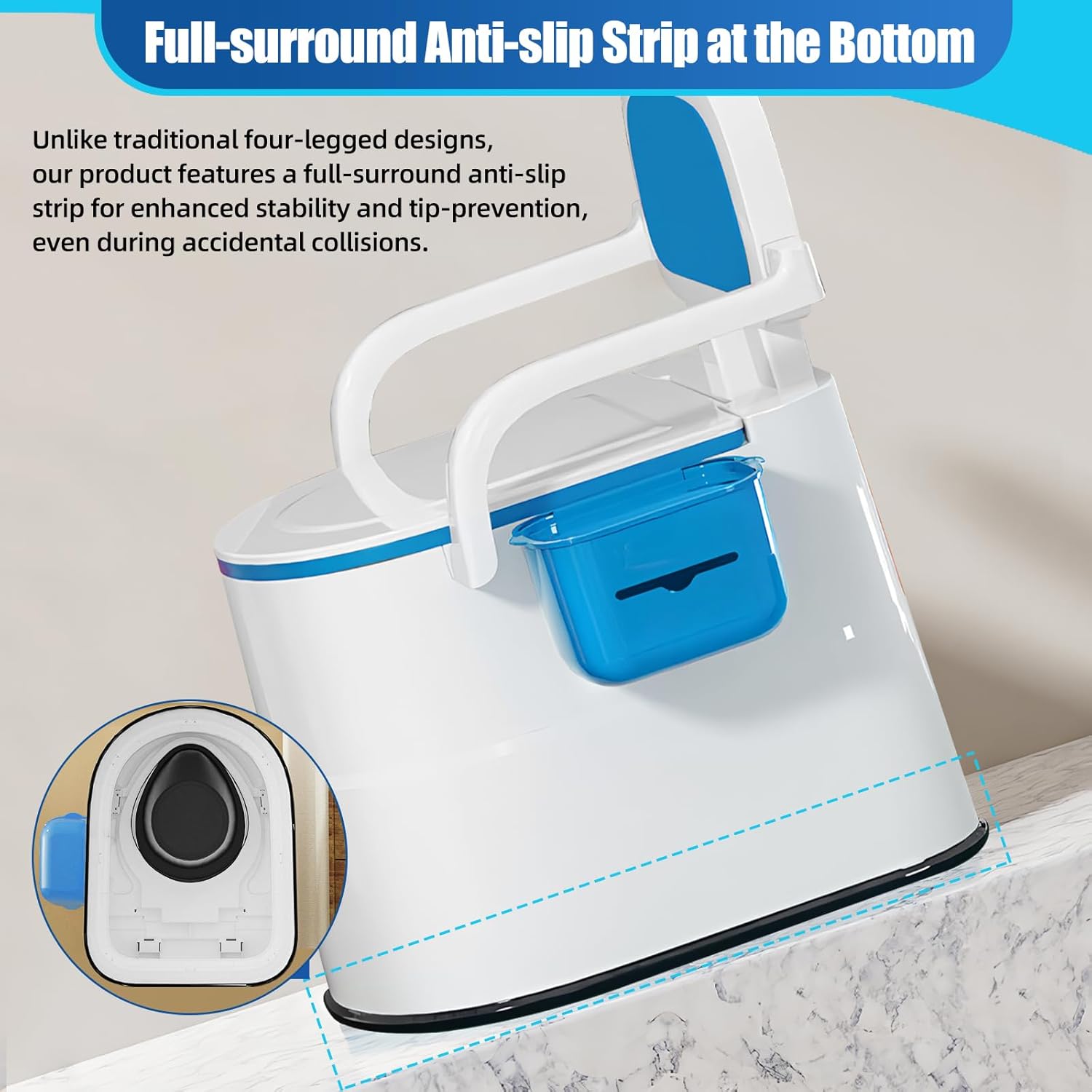 Bedside Commode Toilet, Portable Toilet with Full-Surround Anti-Slip, Armrests, Double Layer Odor Sealed, Blue