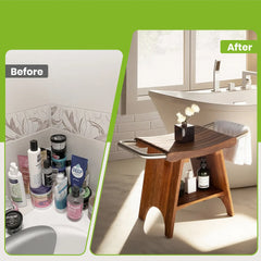 Bathroom transformation before and after image with a wooden stool and organized products.
