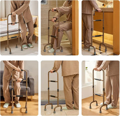 Collage of a person using a walker assist in various indoor settings.