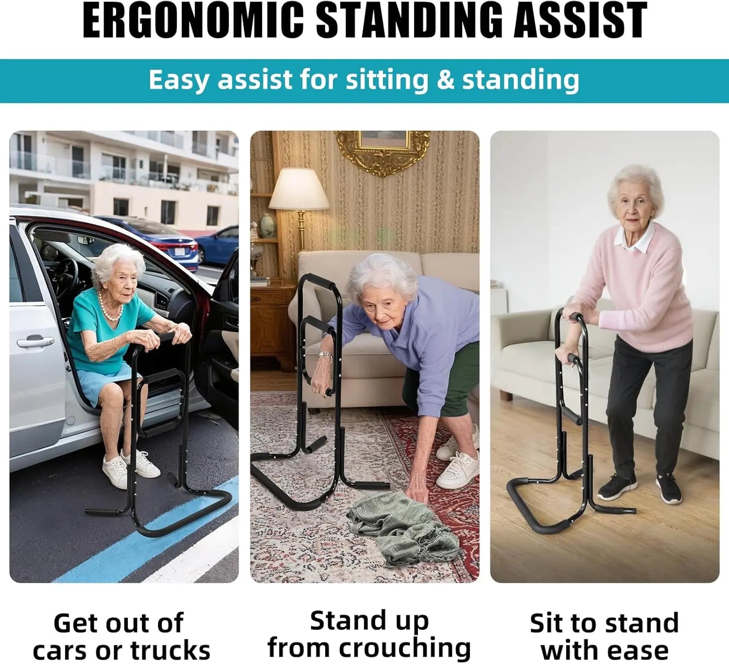 Ergonomic standing assist product used by an elderly woman in various scenarios.