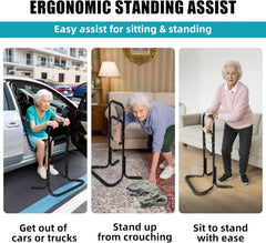 Ergonomic standing assist product used by an elderly woman in various scenarios.
