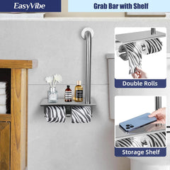 Grab Bar Toilet Paper Holder Combo, 3-in-1 Grab Bar with Shelf & 2 Toilet Paper Holder, Wall-Mounted Decorative Grab Bars, Heavy Duty, Up to 500lbs