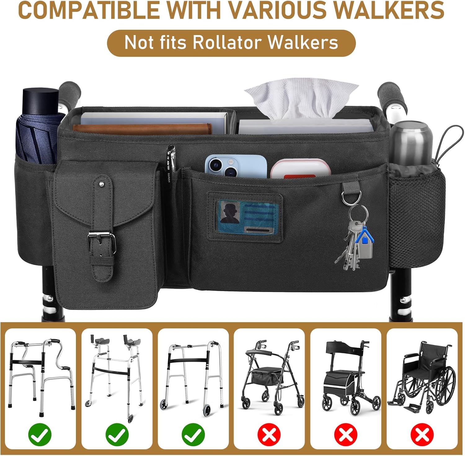 Walker Pouch for Folding Walker - 16"L x 8.5"W x 8"H Thickened Oxford Walker Basket for Stand Up Walker, Durable Walker Bag with Cup Holder for Walker, with Multifunctional Storage Pocket, Black