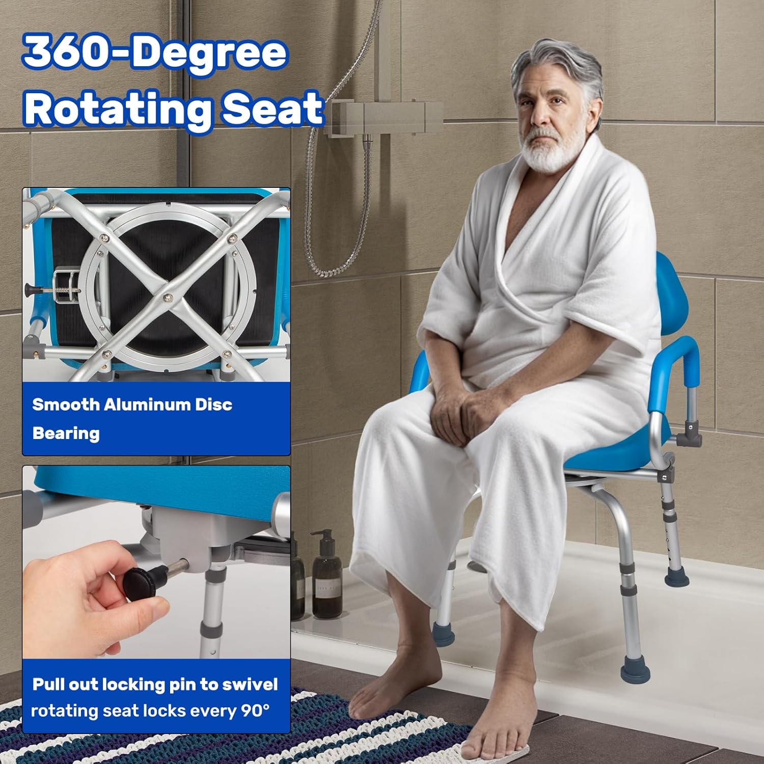 360° Swivel Shower Chair with Padded Seat, Pivoting Arms & Non-Slip Base -Rotating Bath Tub Chair for Elderly, Disabled & Mobility Impaired