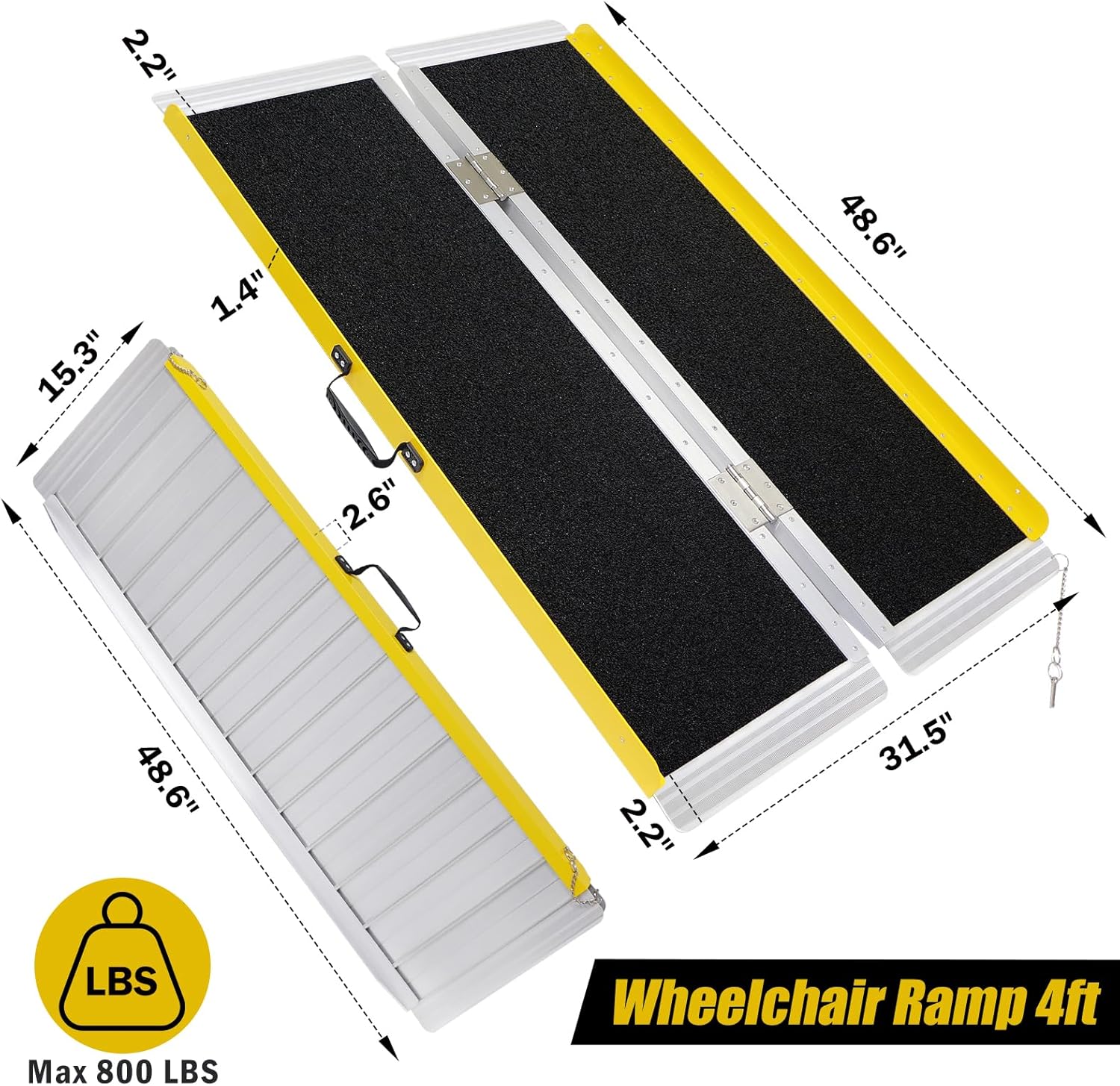 4FT Portable Folding Wheelchair Ramp, 48.6" L x 31.5" W, 800 LBS Capacity Handicap Ramp with Non-Slip Surface for Home, Steps, Stairs, Doorways, Curbs