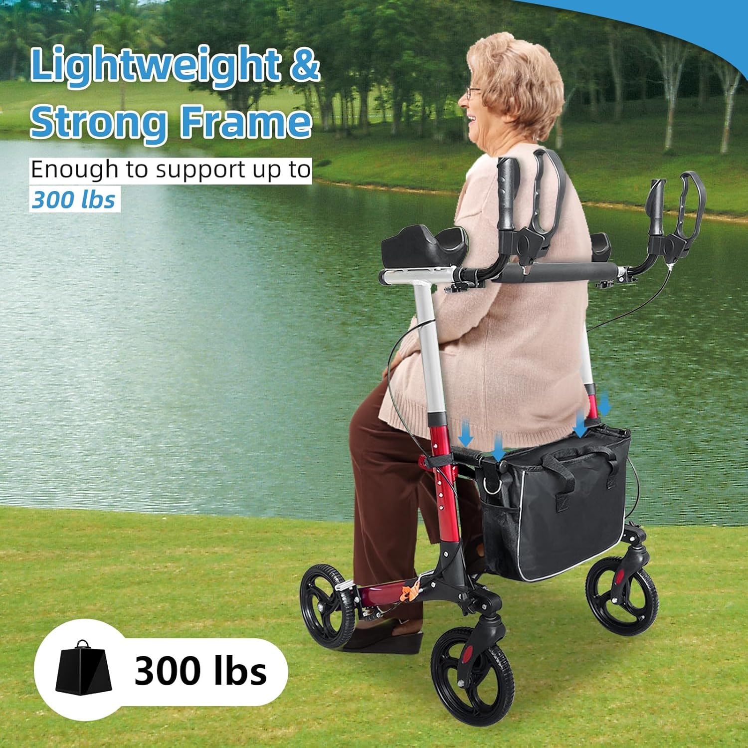 Upright Walkers for Seniors with Seat and Armrest - Outdoor Walkers for Seniors All Terrain, Foldable Rolling Walker with Seat and Brakes, 6 Height Adjustable, Detachable Bag, Red