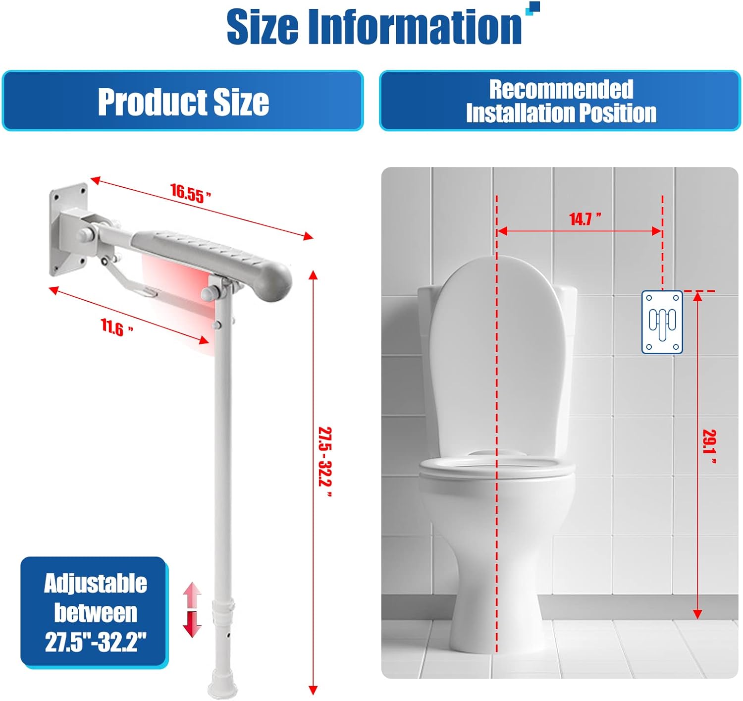 Flip-Up Grab Bar with Soft Rubber Cushion - Wall to Floor Support - Living Caring
